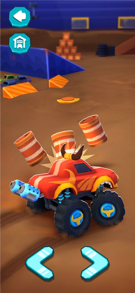 Monster Truck Games for Kids . - Experience the thrilling moment as the bull-themed monster truck crashes into a series of orange barrels, creating a vivid impact effect.