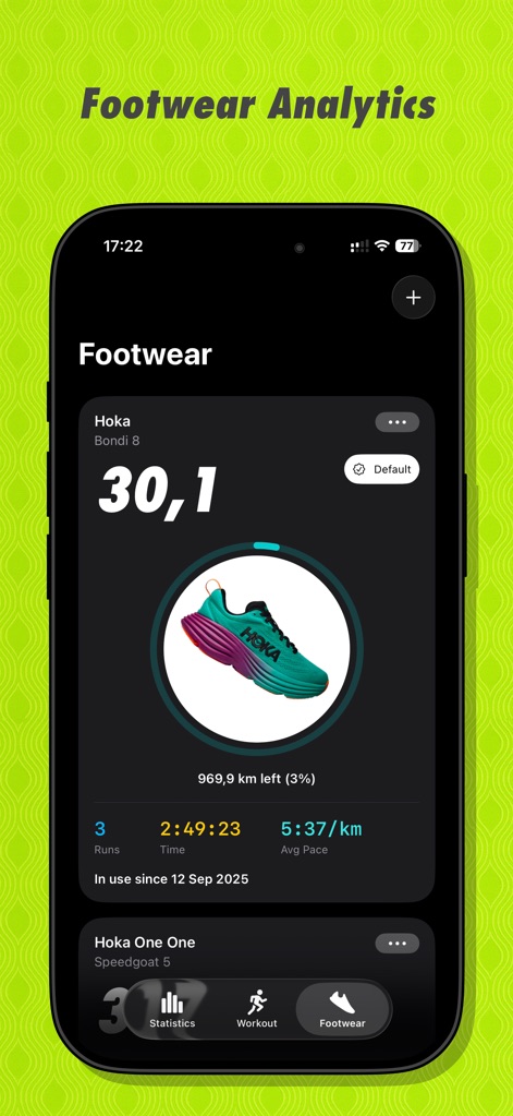 RUN — Running Club & Tracker - The app provides dedicated footwear tracking, allowing users to monitor shoe mileage and wear percentage, ensuring optimal performance and timely replacements.