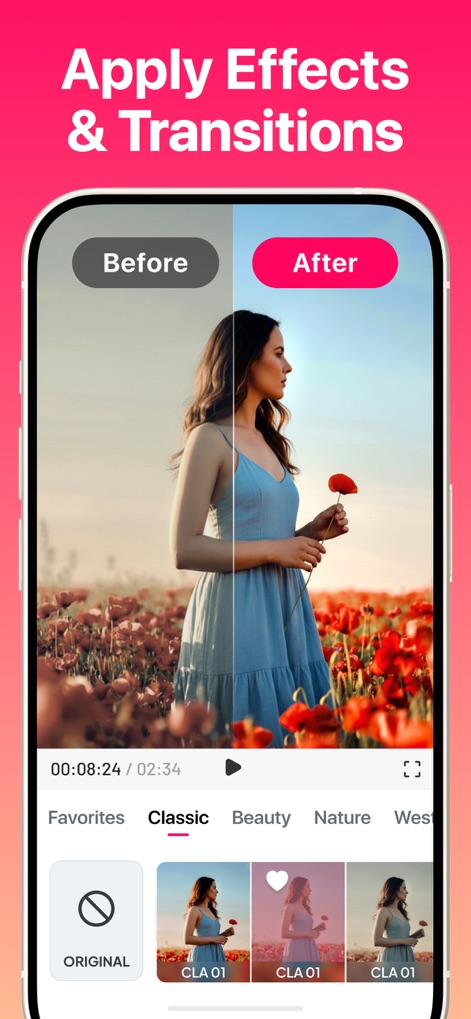 SlideShow Maker with Music Fx - ビフォーアフターの比較で効果を確認しながら、クラシックや自然などの豊富なカテゴリから選べるトランジション効果を適用し、視覚的に魅力的なスライドショーを制作できます。