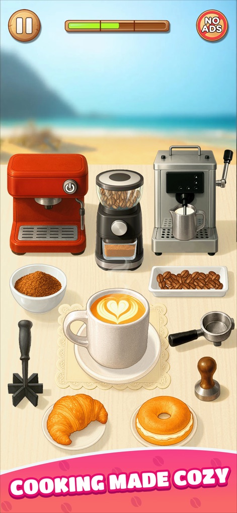 Cooking ASMR: Foodie Cook Game - Esta imagem revela a criação de bebidas de café artesanais com uma máquina de espresso e uma xícara de café com arte, oferecendo uma experiência relaxante.