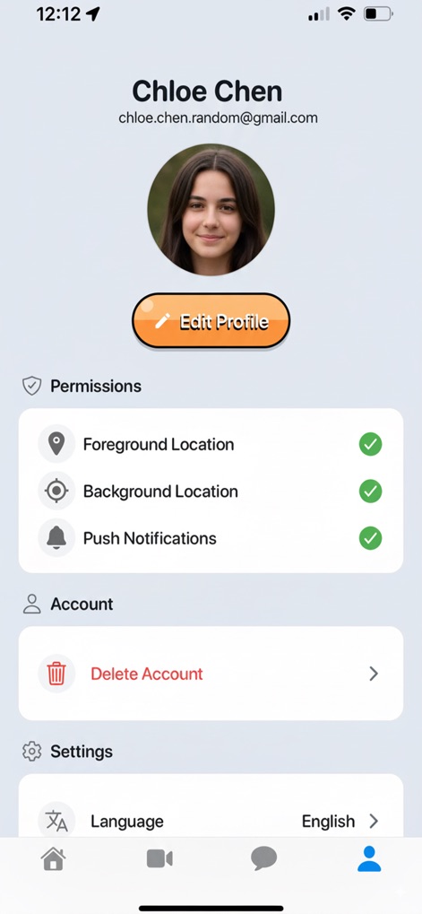 Senior Assassin - Users can easily manage their personal profile details, including their profile picture and email, while also controlling essential permissions like foreground location and push notifications.