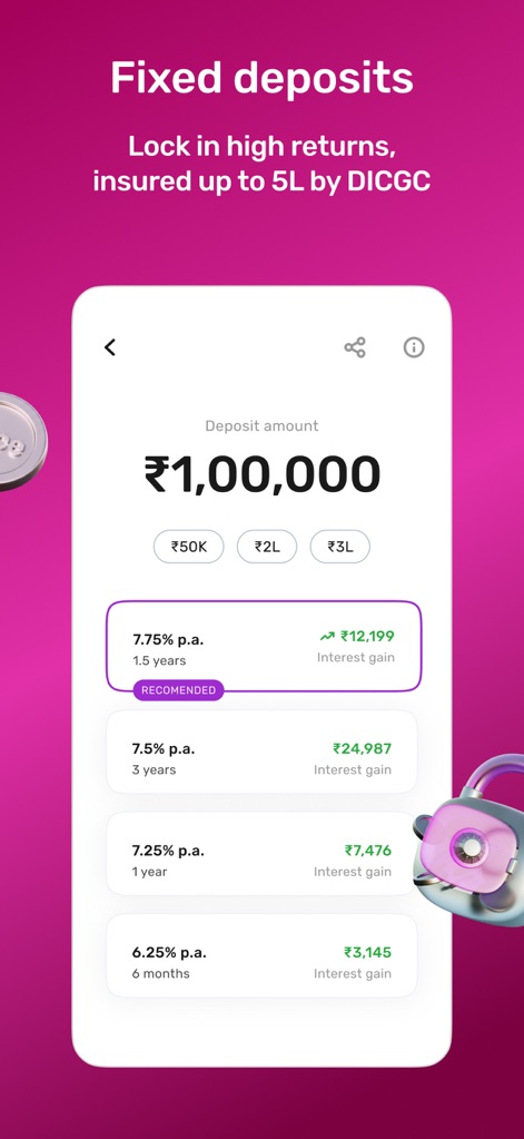 slice: UPI credit card & bank - O aplicativo exibe opções de depósitos a prazo, destacando uma taxa de 7,75% ao ano para 1,5 anos e o ganho de juros estimado de ₹12.199.