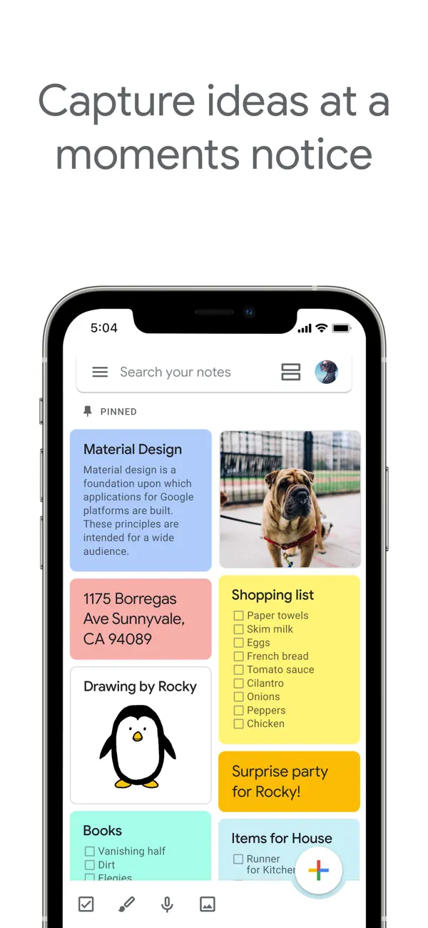 Official Google Keep App Store screenshot showing colored note cards and quick capture on iPhone.