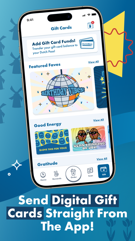 Dutch Bros App Store screenshot 4, headline “Send Digital Gift Cards Straight From The App!”. Teal.