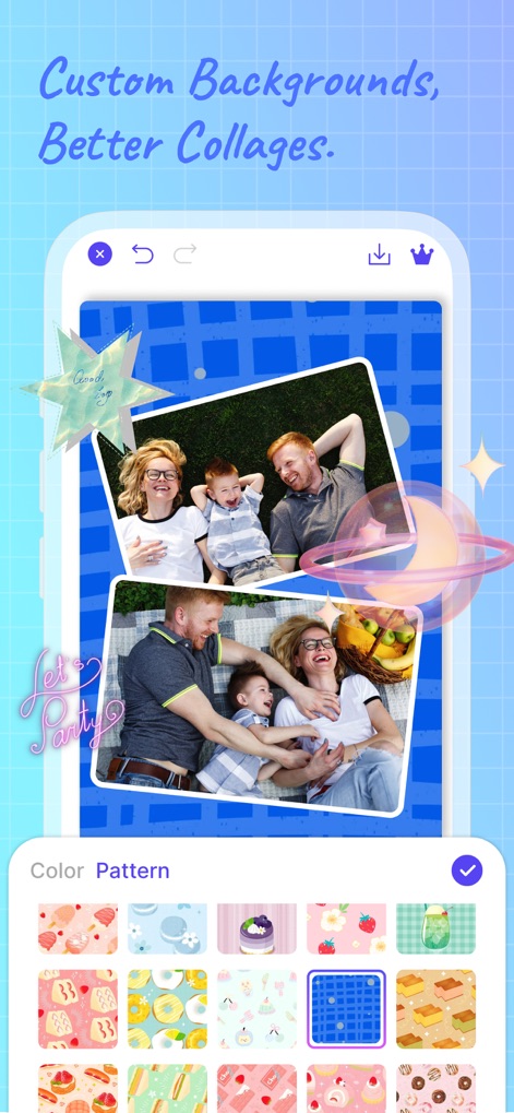 AI Photo Editor: Collage Maker - Mejora tus collages con una selección de fondos, como el patrón de cuadrícula vibrante que se muestra detrás de las fotos familiares, y explora la extensa galería de patrones temáticos para una personalización ilimitada.