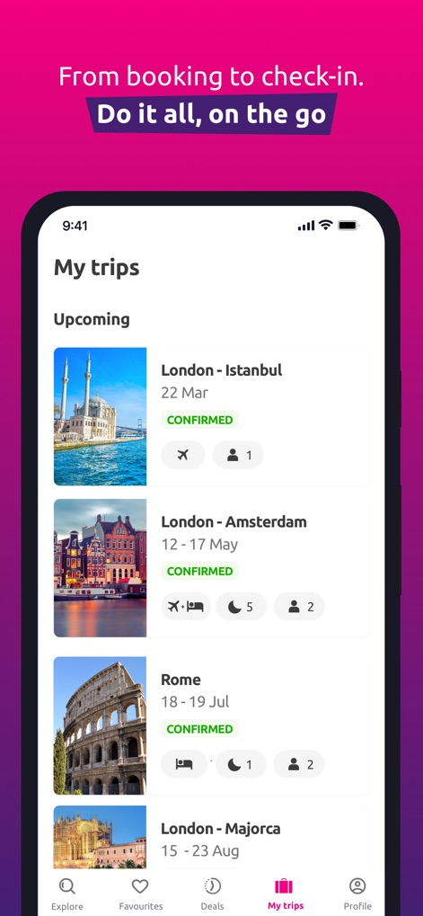 lastminute.com - Travel Deals - Manage all upcoming journeys from the 'My trips' section, displaying an organized 'list of upcoming trips' with clear 'confirmation status and details' for each.