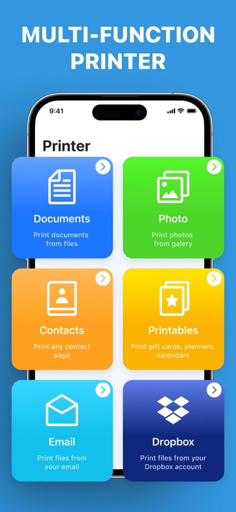 Printer App: Smart Print - Los usuarios acceden a una suite de funciones de impresión, desde documentos y fotos hasta contactos, con la capacidad de integrar archivos directamente desde Dropbox o correo electrónico.