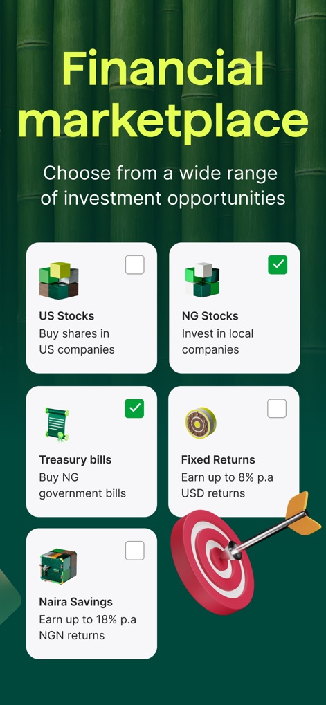 Bamboo: Invest. Trade. Earn. - Esta herramienta ofrece una selección diversa de opciones, permitiendo a los usuarios invertir en "US Stocks" y "NG Stocks", con indicadores visuales de selección para cada categoría.