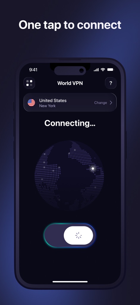 World VPN: Secure & Good Speed - Observe the streamlined connection process, clearly indicated by the 'Connecting...' status and the prominent, user-friendly one-tap toggle button for immediate protection.