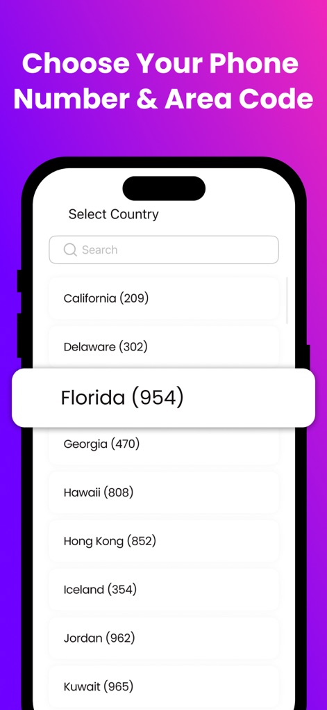WiFi : Phone Calls & Text Sms - Les utilisateurs peuvent facilement sélectionner un indicatif régional et un nouveau numéro de téléphone parmi une liste d'options mondiales grâce à l'interface de sélection intuitive et rapide.