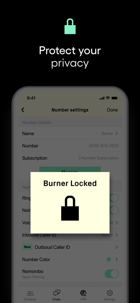 Burner: Second Phone Number - The app emphasizes privacy protection, featuring a 'Number settings' screen that indicates robust controls and a clear 'Burner Locked' visual for secure number management.