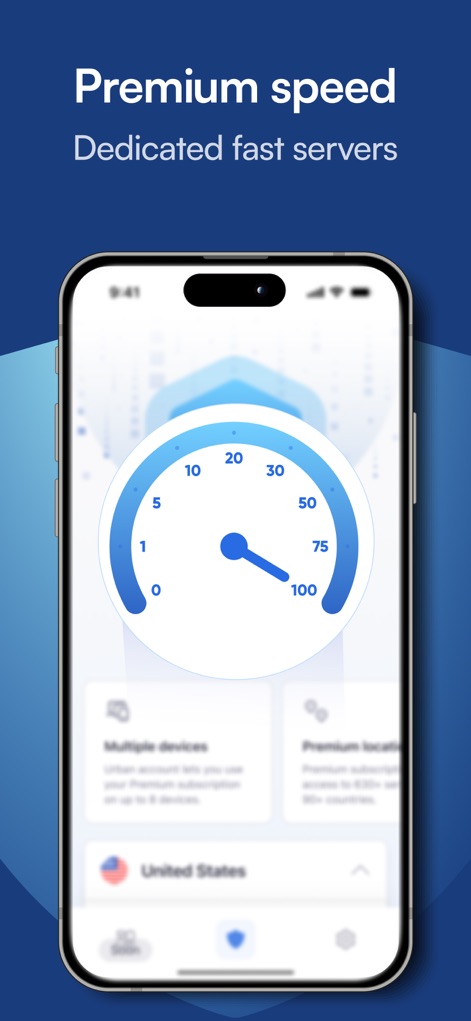 Urban VPN - La schermata mette in risalto la 'Premium speed' dell'app attraverso un indicatore a tachimetro, garantita dall'impiego di 'Dedicated fast servers' per prestazioni ottimali.