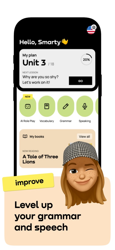 Promova: Language Learning App - Der Screenshot zeigt einen personalisierten Lernplan, der den Fortschritt in "Unit 3" darstellt und verschiedene Übungsmodule wie Grammatik und Sprechen mit ihren jeweiligen Icons anbietet.