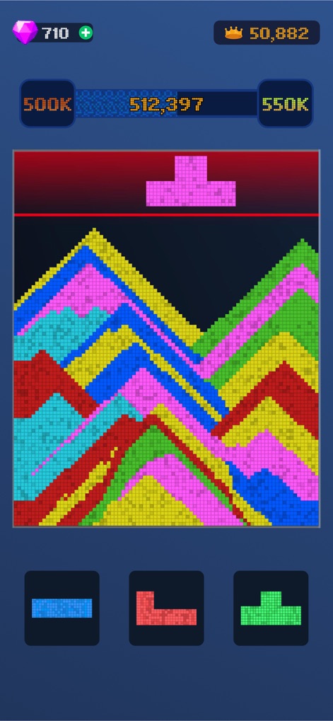 Sand Blast™ - Block Puzzle - Se visualiza un tablero casi lleno, con densas estructuras de arena multicolor y la proximidad a la línea de peligro superior, exigiendo decisiones tácticas.