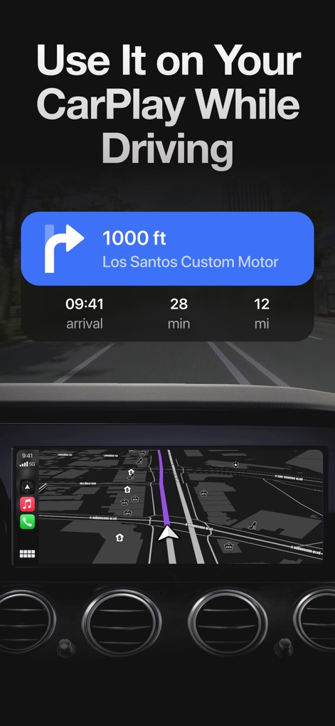 Game Maps IRL - This tool extends its engaging navigation experience to Apple CarPlay, offering clear turn-by-turn directions and displaying the next maneuver, such as '1000 ft' to 'Los Santos Custom Motor,' directly on the car's screen.