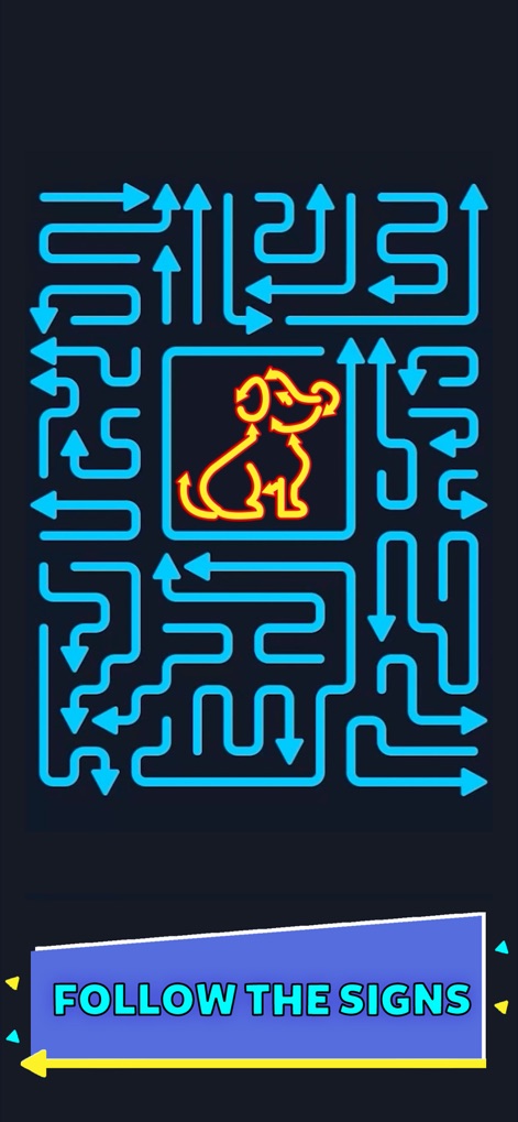 Arrowscapes™ - Arrows Puzzle - This tool showcases intricate blue arrow arrangements that surround and interact with unique central symbols, such as the glowing dog icon.