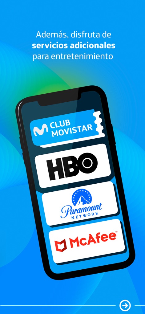 Movistar MX–Tu línea en la App - La herramienta integra 'servicios adicionales' de entretenimiento, mostrando logotipos de plataformas como 'HBO' y 'Paramount Network', junto con la opción de 'Club Movistar'.