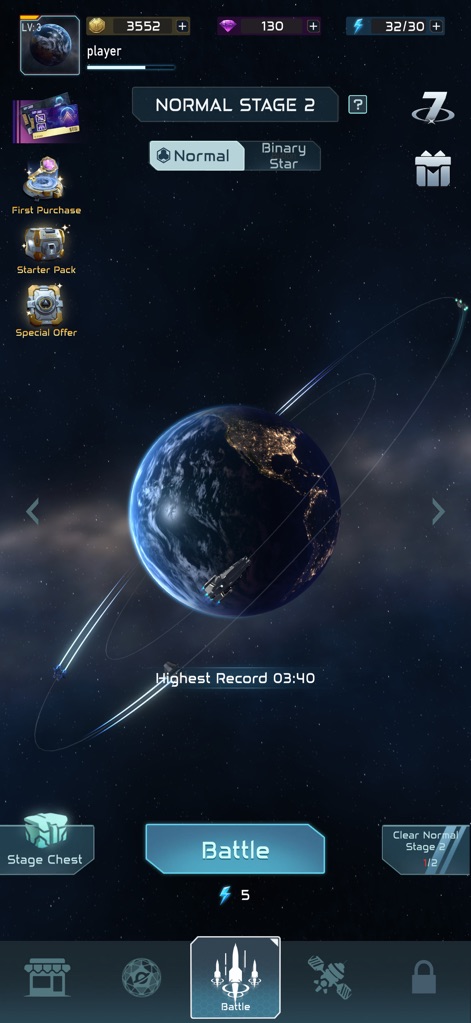Planet Defense: Space TD game - Navigate the intuitive stage selection interface, where players can choose 'Normal Stage 2' and access features like 'Stage Chest' for progression.