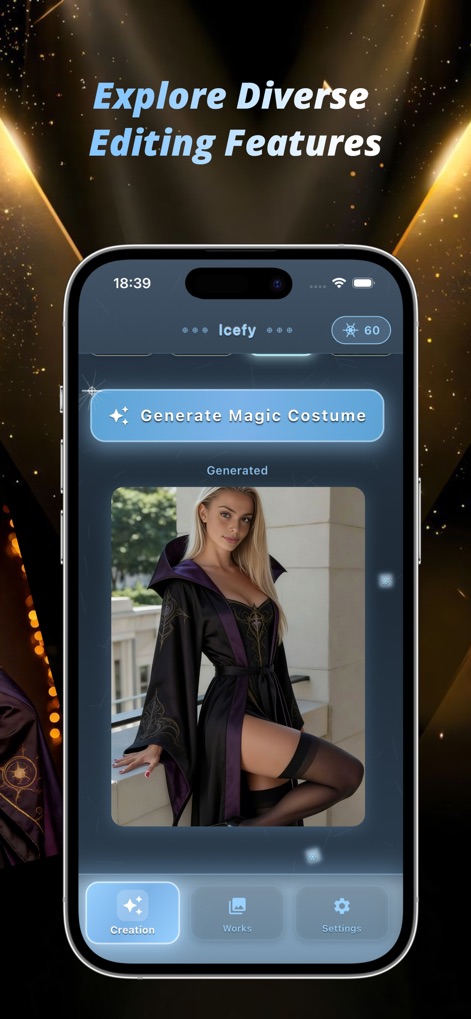 Icefy - AI Transformation - This tool simplifies costume creation with a clear "Generate Magic Costume" button, instantly transforming portraits and labeling the result as "Generated" for immediate review.