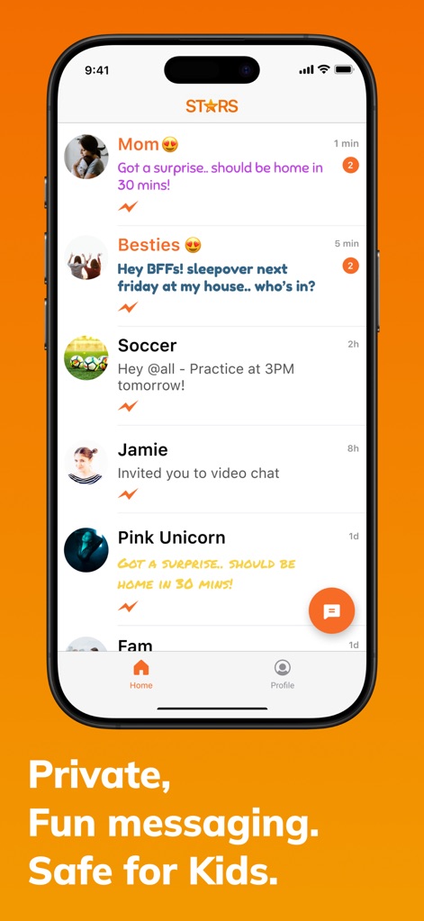 Stars Messenger Kids Safe Chat - Explorez l'interface de messagerie conviviale où les utilisateurs peuvent naviguer entre leurs différentes conversations avec des amis et la famille, et échanger des messages personnalisés. Cette fonctionnalité assure une communication fluide et agréable pour tous.