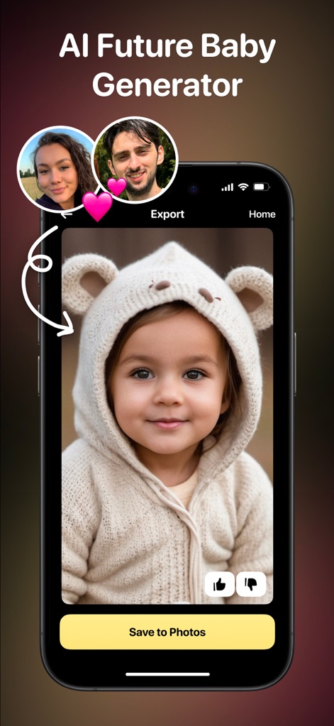 CloneAI - AI Video Generator - Create imaginative future baby photos using this generator, combining two user images and offering options to 'Export' or 'Save to Photos'.