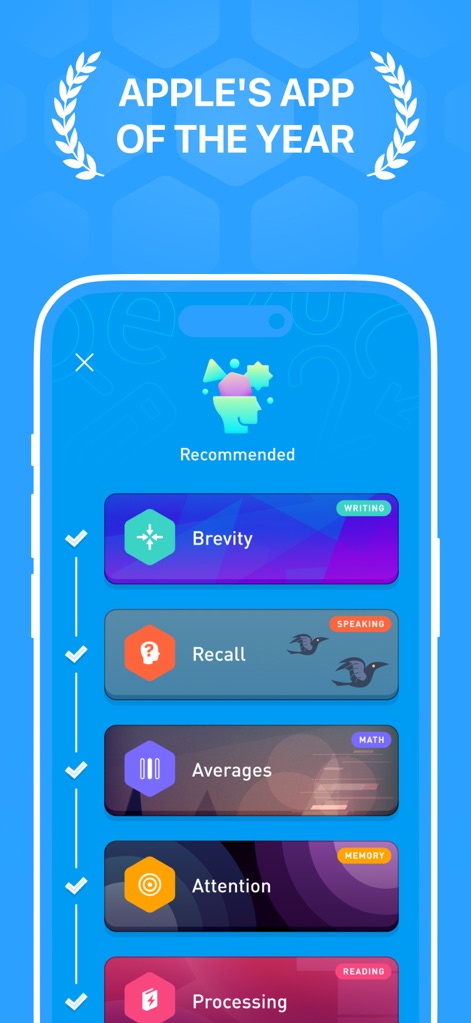 Elevate - Brain Training Games - This tool showcases a personalized daily workout, featuring specific games like "Brevity" for writing and "Recall" for speaking, adapting to individual user needs.