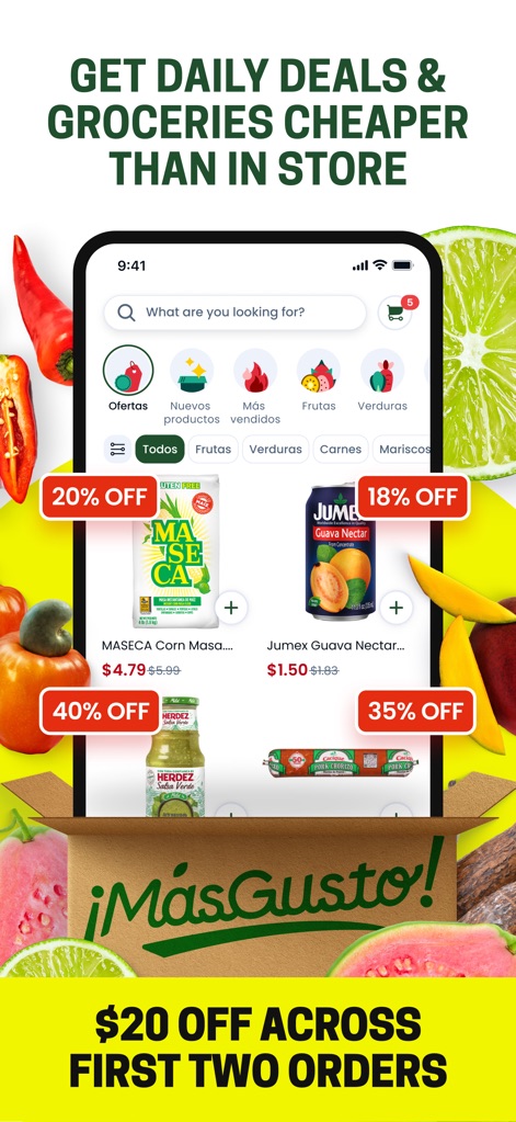 MásGusto - Observe how MásGusto highlights significant discounts on products, featuring prominent '20% OFF' tags, and attracts new users with compelling introductory offers like '$20 OFF ACROSS FIRST TWO ORDERS'.