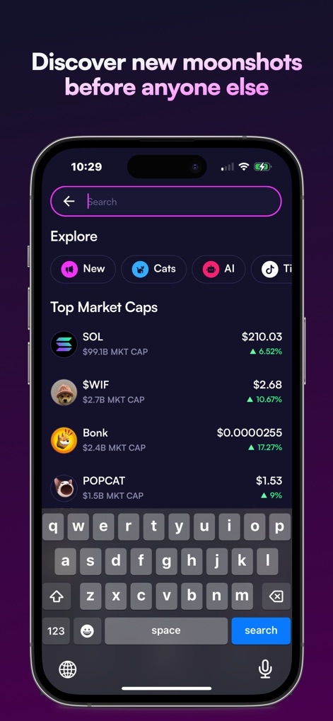 Moonshot - This tool provides a dedicated discovery section with categorized filters like 'New' and 'Cats', allowing users to explore emerging memecoins and view their market caps.
