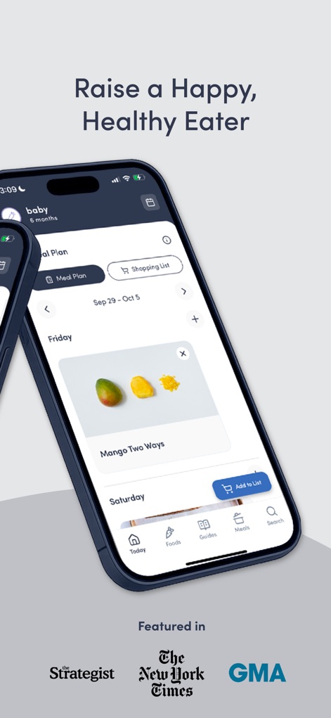 Solid Starts: Baby First Foods - Esta herramienta simplifica la planificación de comidas con menús detallados como "Mango Two Ways" y la opción de añadir ingredientes a una "Shopping List", facilitando la organización semanal.