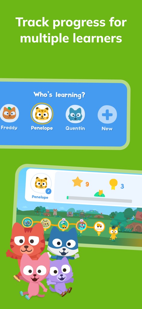 Learn English – Studycat - The app supports multiple learners with personalized profiles, allowing users to select individual paths like 'Penelope', and tracks progress through a visual path complete with stars and points.
