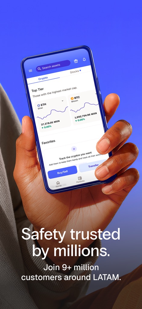 Bitso: Save and invest easily - This screenshot illustrates the app's secure mobile interface for managing crypto assets and highlights the platform's trusted user base of over '9+ million customers'.
