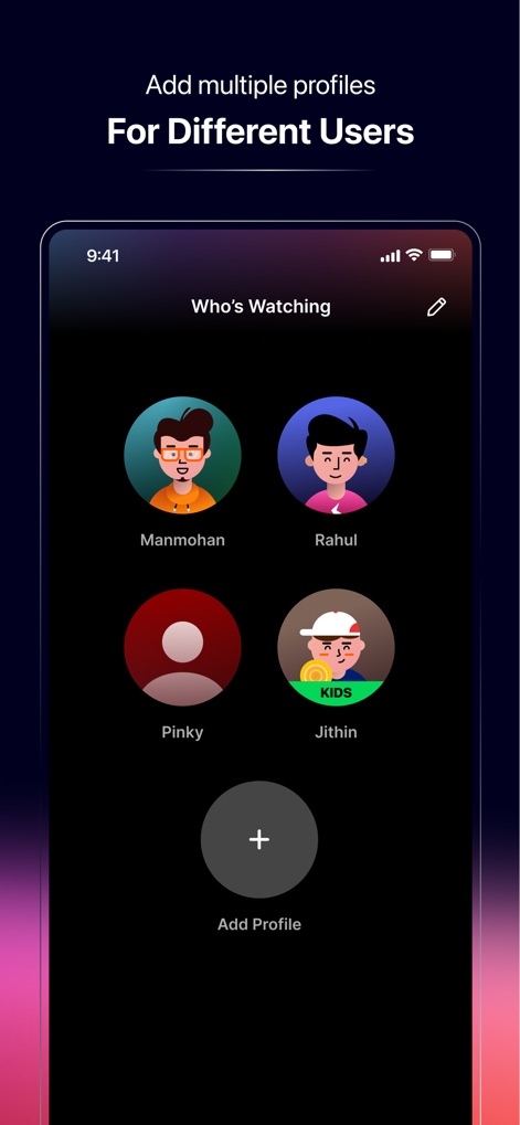 Sony LIV - La plateforme facilite le partage familial avec la création de profils distincts pour chaque utilisateur, clairement indiquée par les avatars et l'option 'Add Profile' (Ajouter un profil) pour une personnalisation aisée.