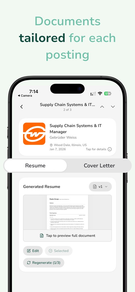 Sprout - AI Job Search - Sprout generates tailored resumes and cover letters for each job, offering users the ability to review and regenerate documents as needed.