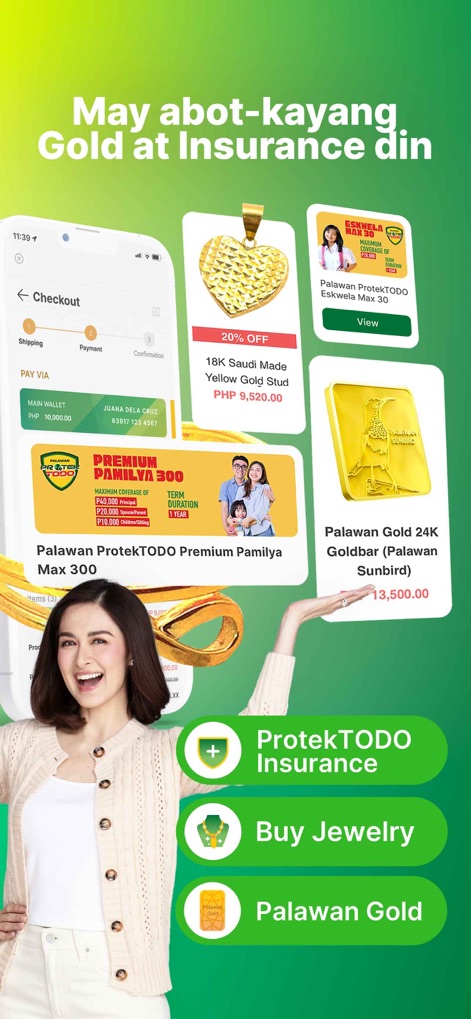PalawanPay - This section illustrates the app's expanded offerings, allowing users to conveniently 'Buy Jewelry' and 'Palawan Gold' for investment, alongside securing their future with 'ProtekTODO Insurance' products.
