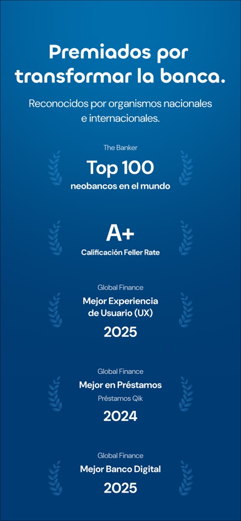 Qik Banco Digital - The app's commitment to excellence is highlighted by multiple awards, including being recognized as a "Top 100 neobank" and receiving an "A+ Feller Rate" rating.