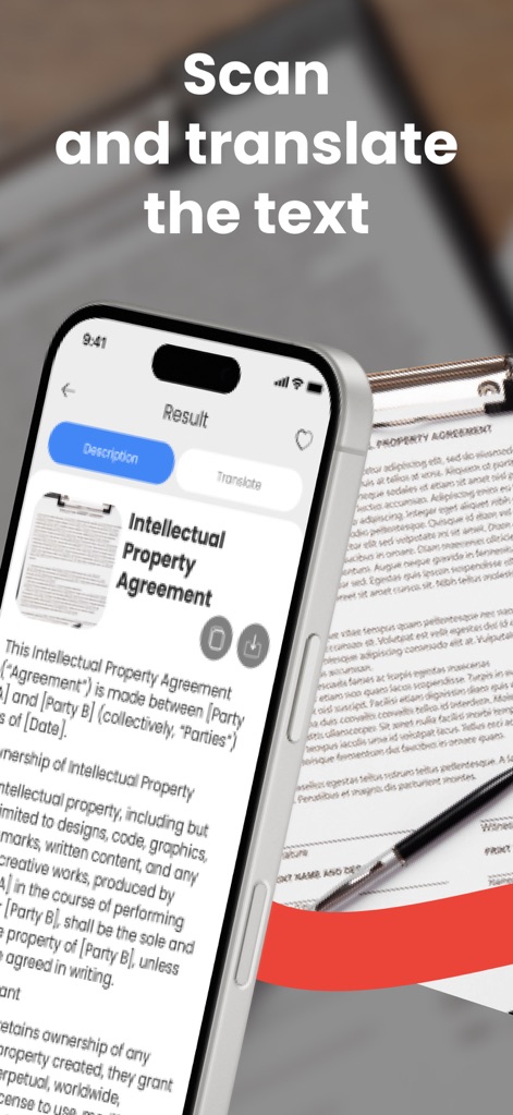 Lens - AI Photo Scanner - Cette fonctionnalité avancée permet aux utilisateurs de scanner du texte à partir de documents, comme un 'Intellectual Property Agreement', et de le traduire instantanément grâce à l'intégration de la fonction de traduction.