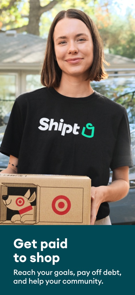 Shipt: Shopper and Driver - Dieses Bild zeigt eine freundliche Lieferantin mit Shipt-Branding auf ihrer Kleidung, die ein Paket mit dem Target-Logo hält. Es hebt die Möglichkeit hervor, flexibel Geld zu verdienen und Ziele zu erreichen.