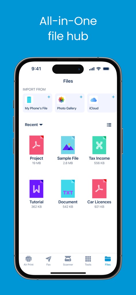 Smart Printer App & Scan - El centro de archivos integrado facilita la importación de documentos desde diversas fuentes, como iCloud o la galería de fotos, ofreciendo una vista organizada de los archivos recientes.