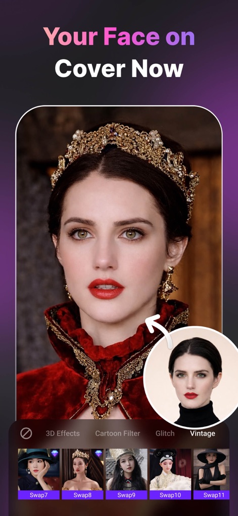 LoopArt - 3D Photo & Morph - Los usuarios pueden verse transformados en diversos personajes, desde X (una realeza medieval) hasta Y (figuras históricas o de fantasía), insertando su rostro en escenas elaboradas.