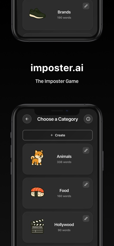 imposter ai: Spy Party Game - Users can browse diverse game categories like 'Animals' and 'Hollywood,' each with a word count, to customize their experience.