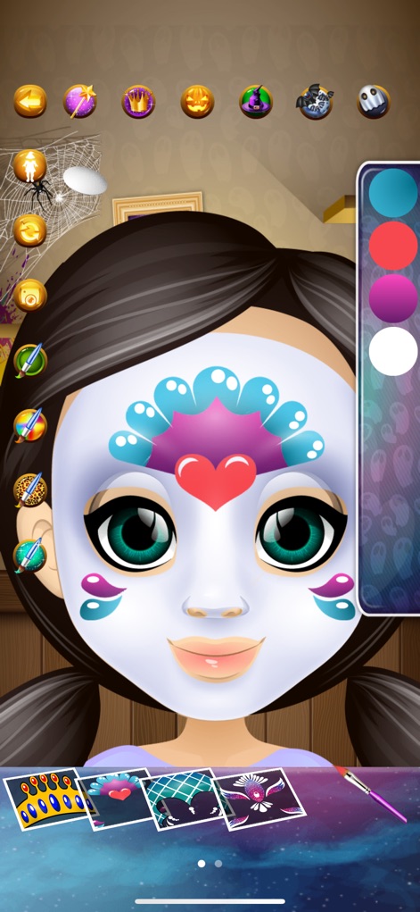 Halloween Face Paint Salon - Explore the delicate side of face painting with this design, showcasing intricate patterns and the availability of soft pastel shades from the color picker.