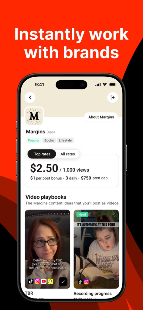 Noise - Make Money Posting - Users can explore specific brand opportunities with detailed 'Top rates' information and access 'Video playbooks' offering content ideas and inspiration.