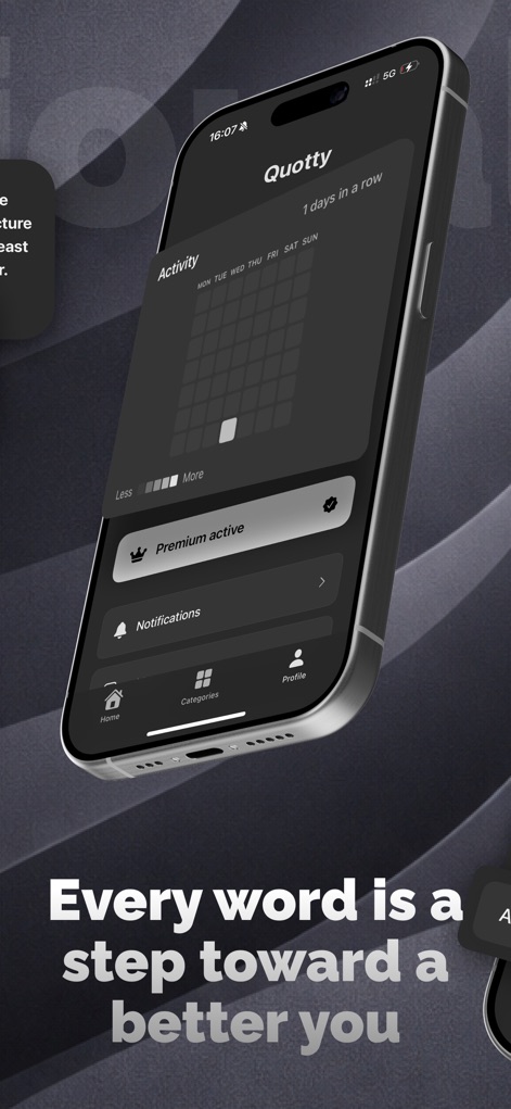 Quotty: Motivational quotes - 本アプリは、ユーザーの「アクティビティ」を視覚的に追跡し、日々の継続を促すとともに、「通知設定」を通じて、パーソナライズされた引用を最適なタイミングで受け取ることができます。
