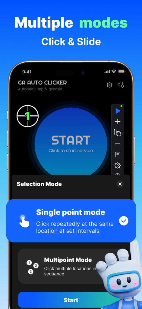 GA Auto Clicker - Users can select between "Single point mode" for consistent tapping and "Multipoint Mode" to define complex click sequences directly from the app's initial setup screen.