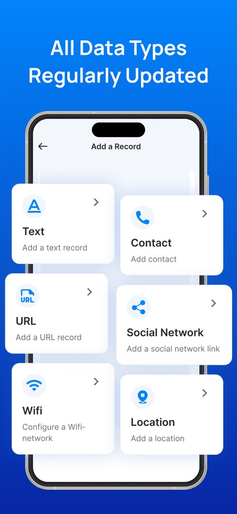 NFC Tools: Reader and Scanner - The app supports writing diverse data types, allowing users to easily add "Text" records or configure "Wifi" settings.
