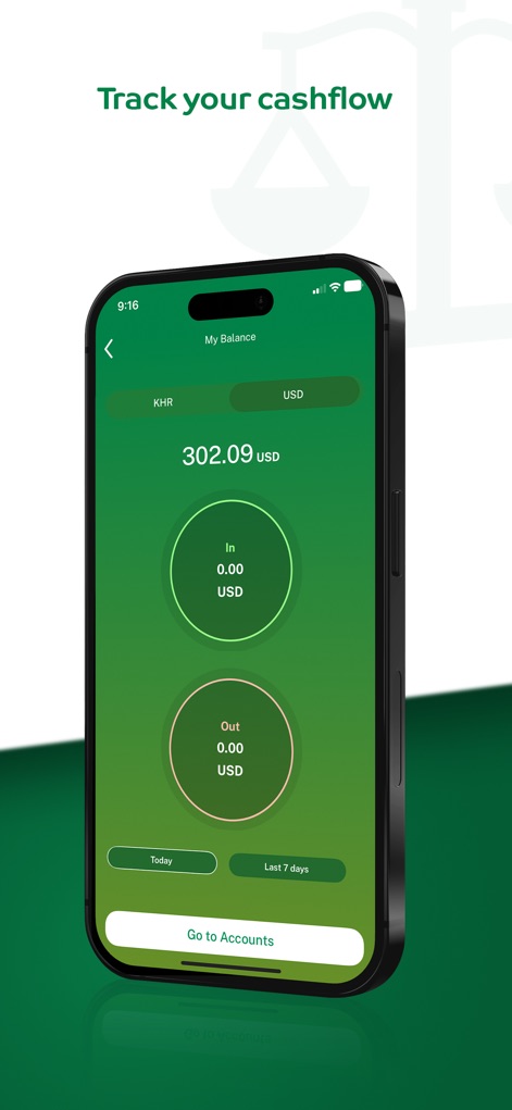 Amret - The app enables precise cashflow tracking, featuring a KHR/USD currency toggle and a clear summary of 'In' and 'Out' transactions for selected periods.