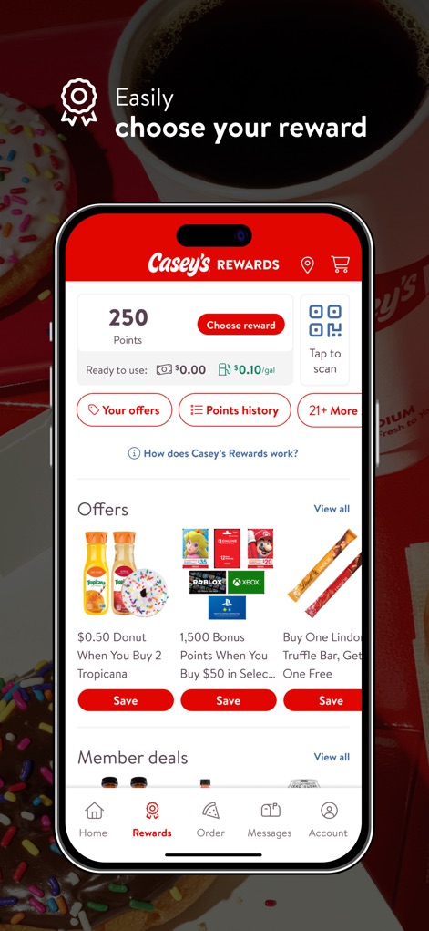 Casey's - Users can effortlessly navigate the Rewards tab to find and save exclusive offers, like the '$0.50 Donut' deal or the '1,500 Bonus Points' promotion.