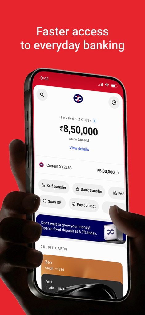 Kotak Bank (New) - Cette vue offre un accès immédiat aux soldes des comptes et propose des actions rapides comme le transfert et le paiement via QR.