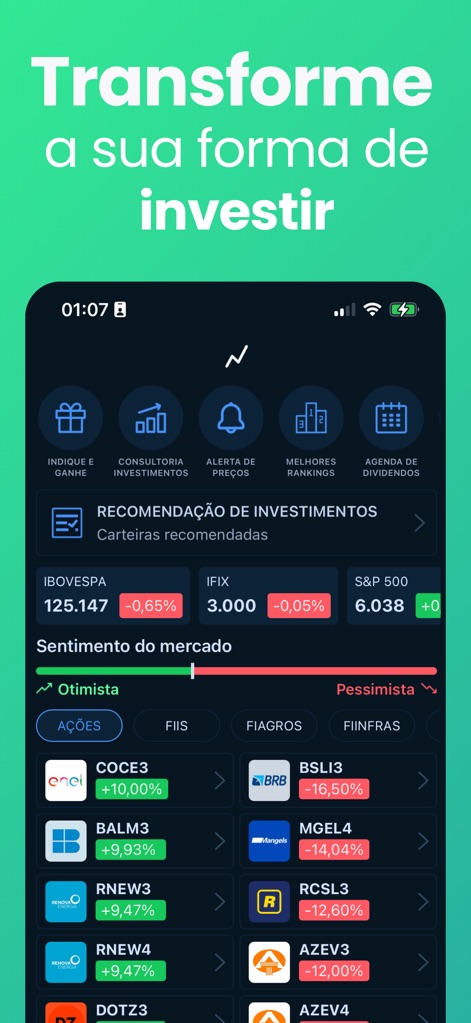 Análise de Ações - Questa schermata presenta un riepilogo del mercato con indici chiave come IBOVESPA e IFIX, affiancati a una selezione di azioni e fondi con le loro variazioni percentuali.