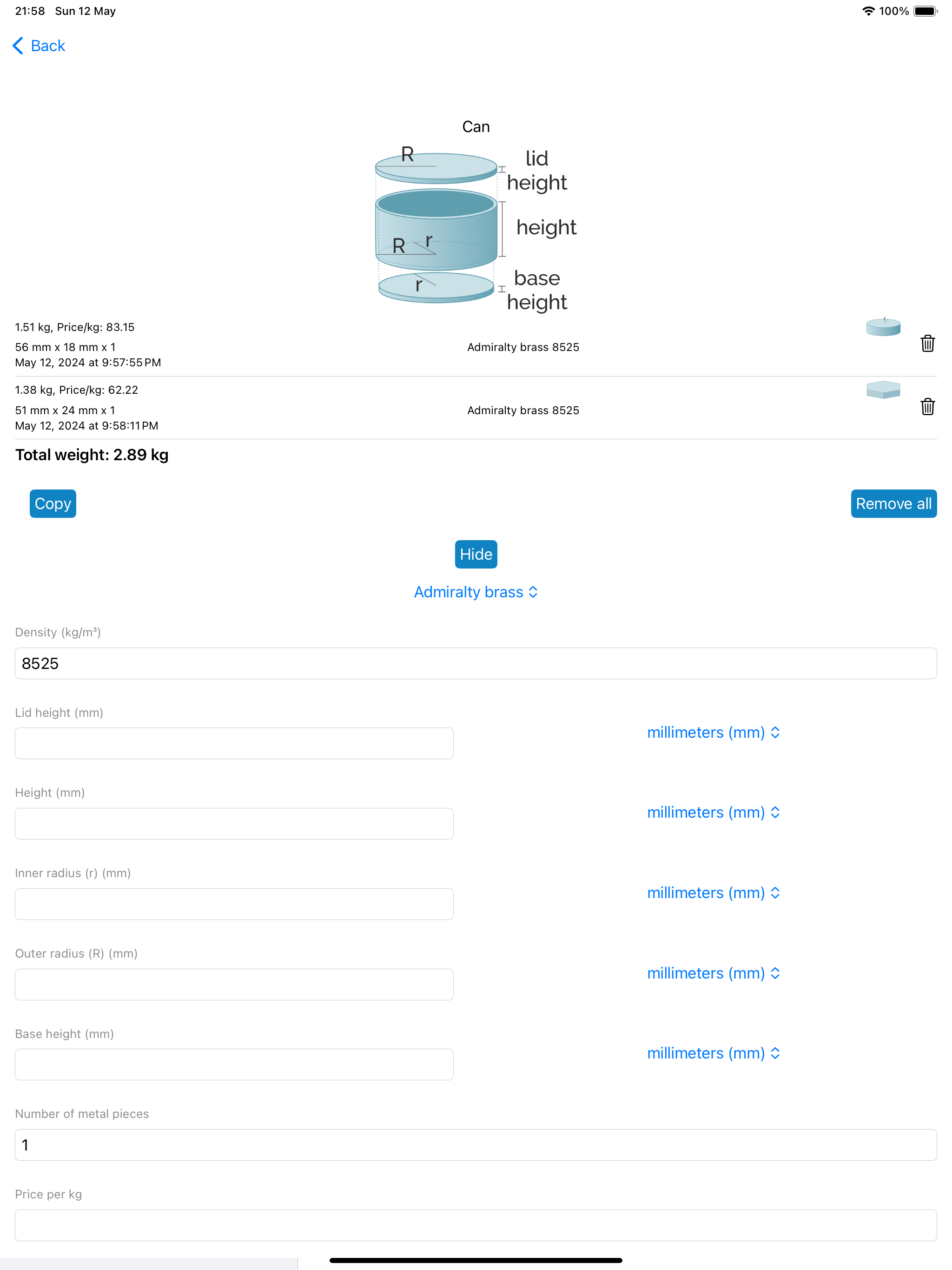 Multi-Metal Weight Estimator
